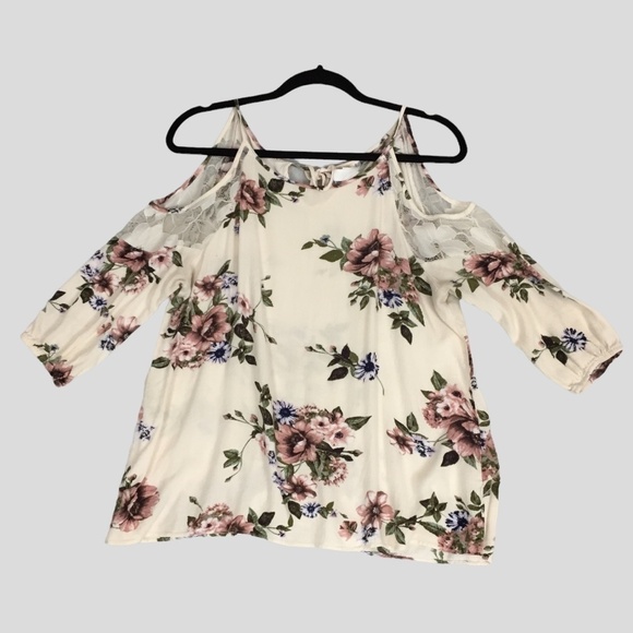 Warehouse One Cold Shoulder Blouse Womens Med Cream Floral Top Tie Neck - Picture 1 of 11